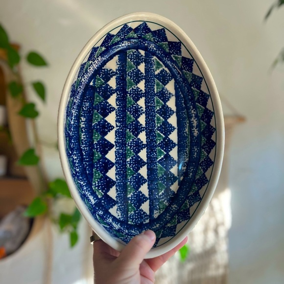Polish Pottery Bolesławiec 11x7 Oval Serving Dish Hand-Painted Blue Green - Picture 1 of 5